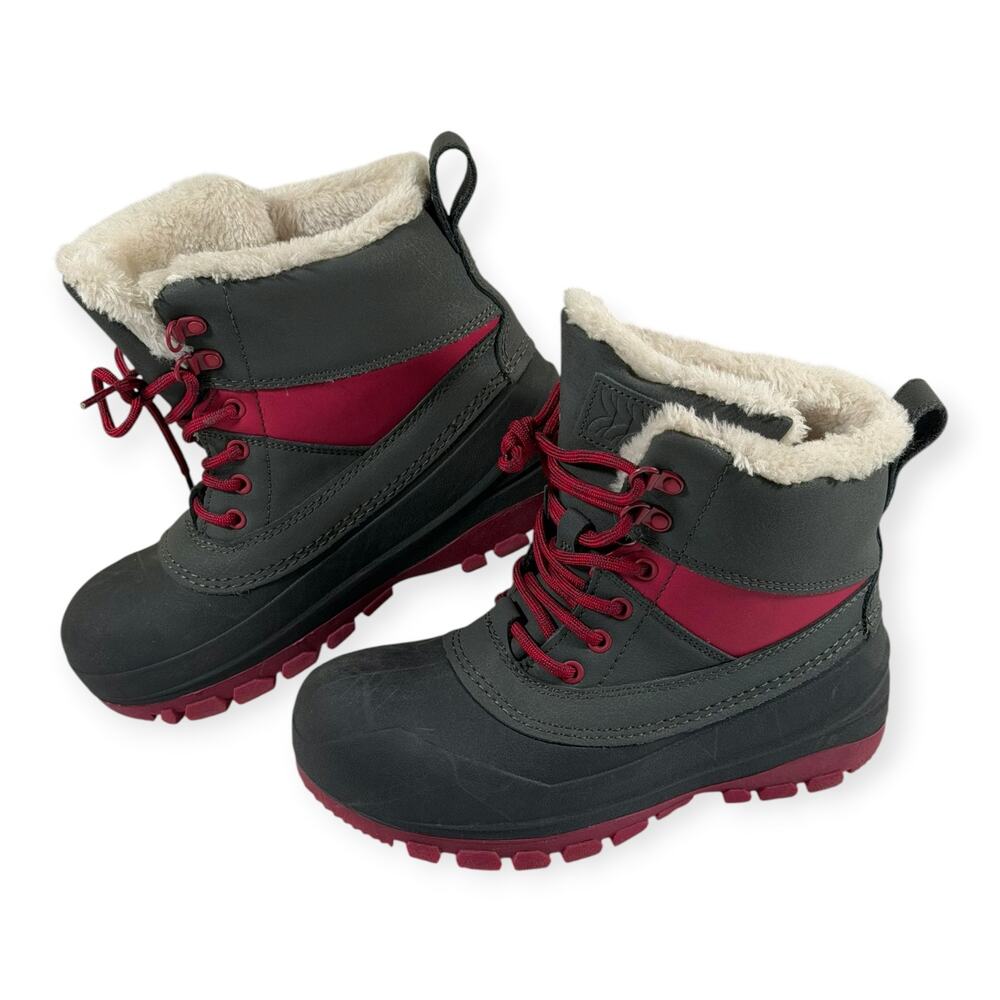 All In Motion Winter Boots, Gray/Red, Leather & Manmade with Faux Fur, Youth 3Y
